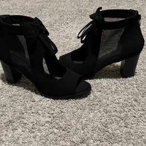 Black Peep-Toe Ankle Strap Block Heels
